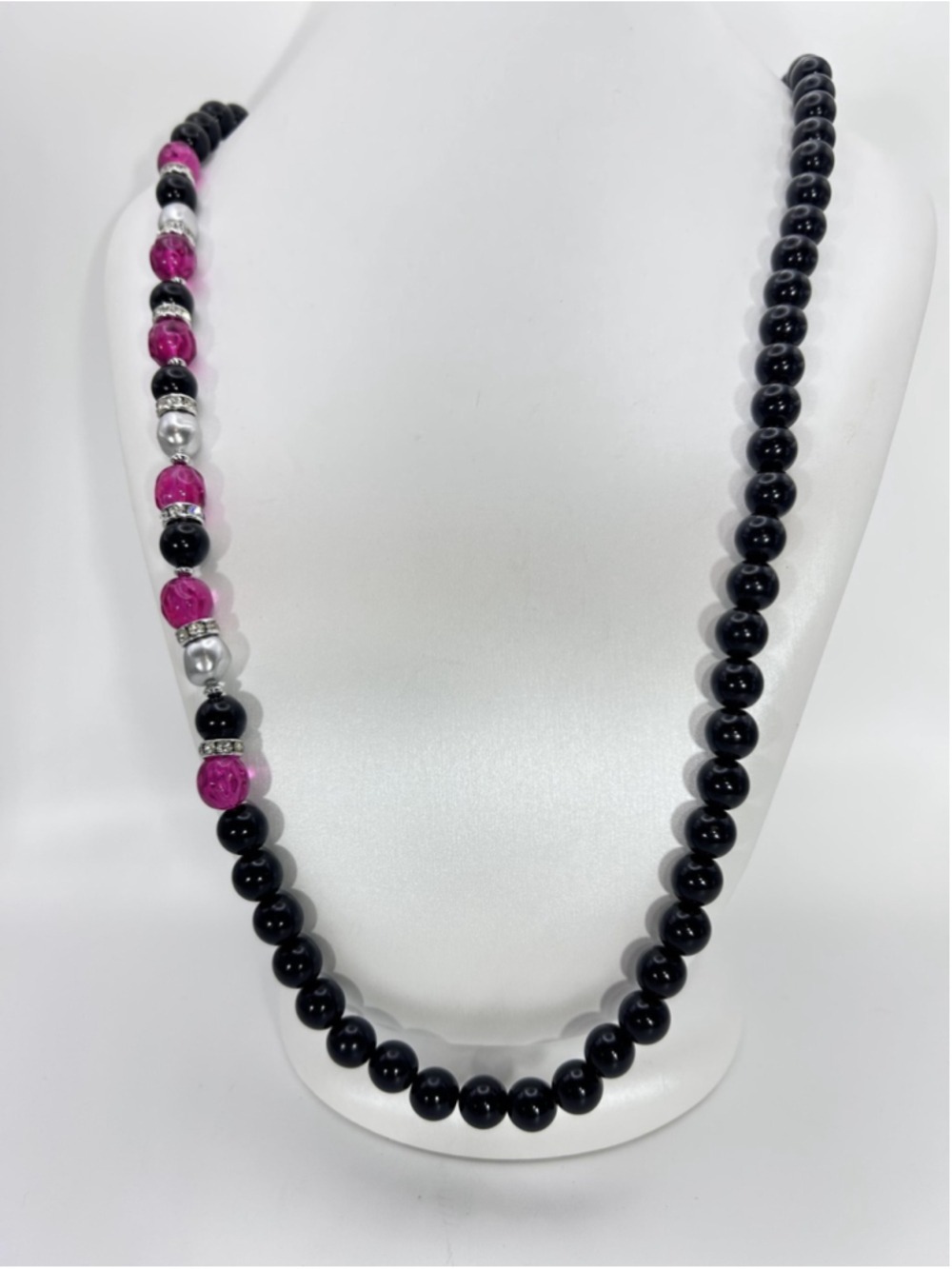 Monet Necklace Beaded Statement Pink Silver Tone Rhinestone Accents 30 Inch